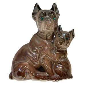 Vintage Lustre Boxer Mother & Puppy Dog Figurine Green Gem Eye Hugging Japan MCM